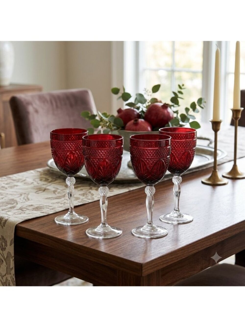 Vintage Ruby Cut to Clear Crystal Goblets Set of 4 Clear Stem Wine Glasses 8.25"